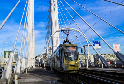 Image of a street train crossing a bridge in Bucharest, Romania